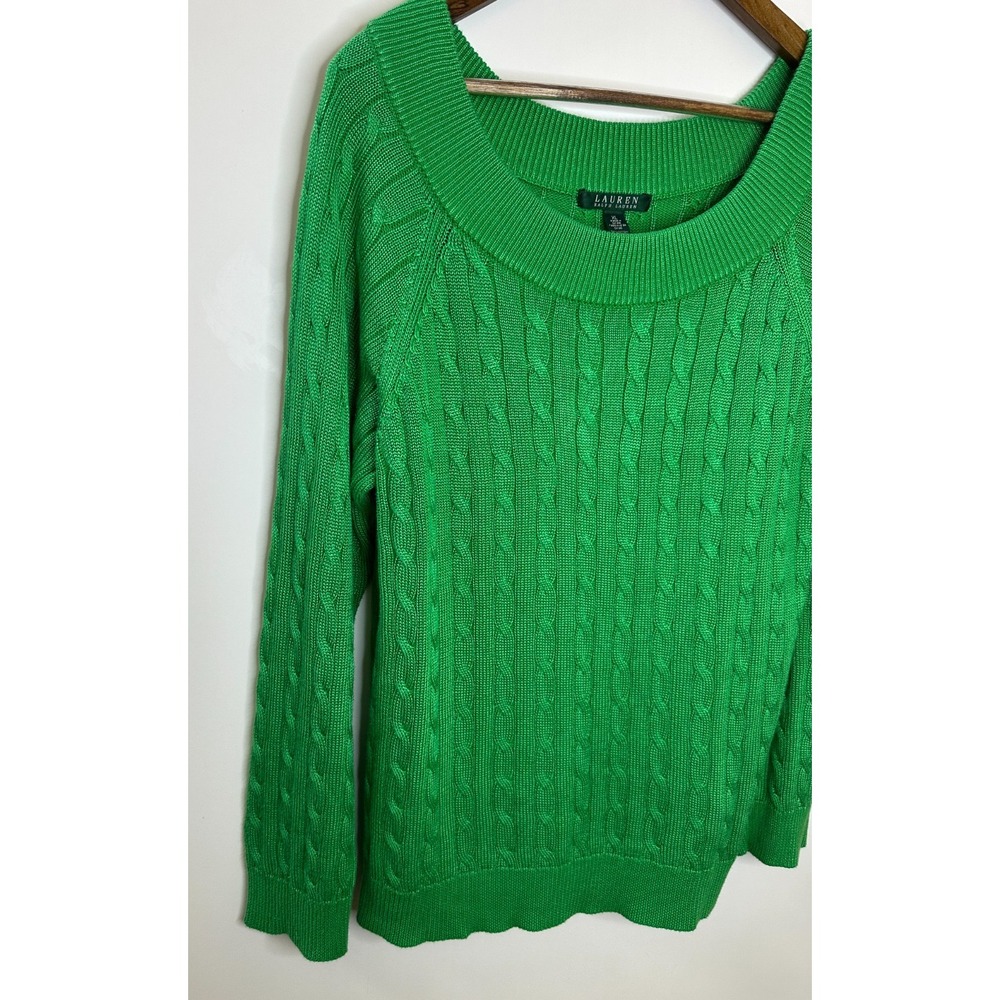 Lauren Ralph Lauren Cable Knit Wide Neck Cotton Blend Sweater XL Holiday Green - Picture 3 of 9